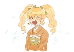 Rule 34 | 1girl, :o, blonde hair, blush stickers, bow, cat hair ornament, closed eyes, commentary, cropped torso, crying, danganronpa (series), danganronpa 2: goodbye despair, flying teardrops, furisode, hair bow, hair ornament, highres, japanese clothes, kimono, long hair, mochi (yuriraru), obi, open mouth, saionji hiyoko, sash, solo, symbol-only commentary, teeth, twintails, upper teeth only
