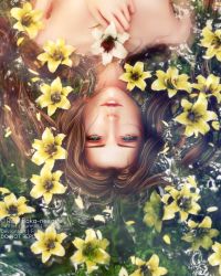 Rule 34 | 1girl, 3d, aerith gainsborough, brown hair, final fantasy, final fantasy vii, final fantasy vii remake, flower, green eyes, hair down, highres, holding, holding flower, lily (flower), long hair, nude, parted bangs, partially submerged, ria-neearts, solo, square enix, topless, upper body, white flower, yellow flower