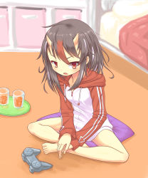Rule 34 | 1girl, bare legs, barefoot, bed, black hair, blurry, blush, carpet, commentary request, controller, cup, depth of field, drawstring, drinking glass, fang, game controller, hair between eyes, head tilt, highres, hood, hoodie, horns, indian style, indoors, kijin seija, long sleeves, looking at viewer, multicolored hair, no pants, open mouth, own hands together, pillow, red eyes, shihasu toichi, sitting, sitting on pillow, skin fang, solo, streaked hair, touhou, tray