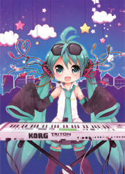 Rule 34 | 1girl, :d, ahoge, aqua eyes, aqua hair, cable, cityscape, cloud, detached sleeves, eyewear on head, hatsune miku, headset, instrument, keyboard, keyboard (instrument), korg triton, long hair, necktie, open mouth, shinryou rei, skirt, sleeves past wrists, smile, solo, star (symbol), sunglasses, thighhighs, twintails, usb, very long hair, vocaloid, zettai ryouiki