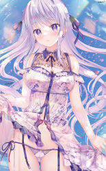 Rule 34 | 1girl, bare shoulders, blush, breasts, clothes lift, commentary request, dress, dress lift, floating hair, frilled dress, frills, garter belt, grey hair, highres, hiiragi asuka (twinbox), lifting own clothes, long hair, looking at viewer, medium breasts, navel, open clothes, open dress, panties, parted lips, purple eyes, side-tie panties, signature, solo, sousouman, twinbox school, underwear, very long hair, white panties