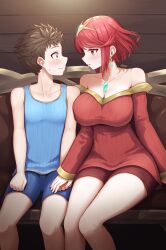 Rule 34 | 1boy, 1girl, absurdres, blush, breasts, chest jewel, couple, earrings, eye contact, face-to-face, gem, headpiece, highres, imminent kiss, jewelry, large breasts, looking at another, pyra (xenoblade), red eyes, red hair, rex (xenoblade), short hair, sweatdrop, swept bangs, taro (peach taro51), tiara, xenoblade chronicles (series), xenoblade chronicles 2