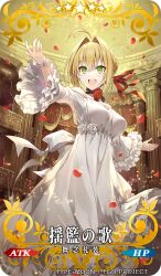 Rule 34 | 1girl, ahoge, blonde hair, braid, braided bun, breasts, craft essence (fate), dress, fate/grand order, fate (series), flower, frilled sleeves, frills, gabiran, green eyes, hair bun, hair intakes, large breasts, long sleeves, neck flower, nero claudius (fate), nero claudius (fate) (all), official alternate costume, official art, open mouth, outstretched arm, red flower, red rose, rose, single hair bun, solo, teeth, upper teeth only, white dress