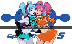 Rule 34 | 2girls, android, blue hair, breasts, deadmanjackalope, evila, gloves, headset, medium breasts, multiple girls, navel, one eye closed, pink hair, robot, skirt, space channel 5, thighs, twintails, ulala, wink