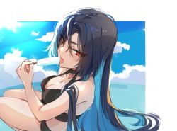 Rule 34 | 1girl, auo123, bare shoulders, bikini, black bikini, black choker, black hair, breasts, choker, cleavage, cloud, cloudy sky, day, dripping, eyelashes, eyes visible through hair, food, hair over one eye, highres, holding, holding food, ice cream, licking, long eyelashes, long hair, melting, ocean, origami yukari, outdoors, popsicle, red eyes, sitting, sketch, sky, solo, swimsuit, teeth, toji no miko, tongue, tongue out, upper teeth only