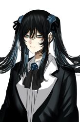 Rule 34 | 1girl, ado (utaite), alternate hairstyle, black bow, black bowtie, black coat, black hair, black ribbon, blue eyes, blue hair, bow, bowtie, chando (ado), closed mouth, cloud nine inc, coat, collared shirt, colored inner hair, commentary, dress shirt, flower, flower brooch, hair between eyes, hair flower, hair ornament, hair ribbon, hashtag-only commentary, highres, hoshi san 3, long hair, looking at viewer, mole, mole under eye, multicolored hair, open clothes, open coat, ribbon, shadow, shirt, sidelocks, simple background, solo, twintails, twintails day, two-tone hair, upper body, utaite, white background, white shirt