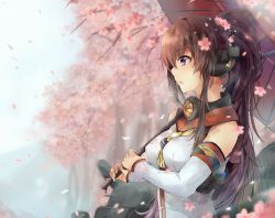 Rule 34 | 10s, 1girl, brown hair, cherry blossoms, flower, hair flower, hair ornament, jenson tw, kantai collection, long hair, machinery, oil-paper umbrella, ponytail, solo, umbrella, yamato (kancolle)