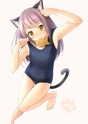 Rule 34 | 1girl, animal ear fluff, animal ears, arm up, bare arms, bare shoulders, barefoot, black one-piece swimsuit, blush, brown background, brown eyes, brown hair, cat ears, cat girl, cat tail, closed mouth, commentary request, food, food in mouth, gluteal fold, hand up, head tilt, highres, lifted by self, long hair, looking at viewer, mouth hold, old school swimsuit, one-piece swimsuit, original, school swimsuit, shibacha, simple background, smile, solo, standing, standing on one leg, strap lift, swimsuit, tail, taiyaki, thigh gap, very long hair, wagashi