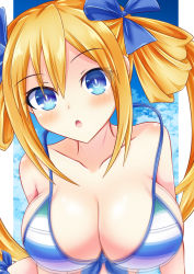 Rule 34 | 1girl, :o, bikini, blue eyes, blue ribbon, blush, breasts, cleavage, commentary request, hair between eyes, hair ribbon, hair rings, highres, kyou (hibikit), large breasts, leaning forward, long hair, looking at viewer, neptune (series), orange hair, orange heart (neptunia), power symbol, power symbol-shaped pupils, ribbon, shin jigen game neptune vii, solo, striped bikini, striped clothes, surprised, swimsuit, symbol-shaped pupils, twintails, upper body, very long hair, wardrobe malfunction