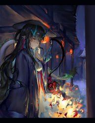 Rule 34 | 1girl, absurdres, alternate costume, arknights, black hair, calligraphy brush, closed mouth, colored skin, dragon girl, dragon horns, dragon tail, dress, dusk (arknights), earrings, firecrackers, furioso, green hair, green skin, hat, highres, horns, ink, jewelry, lantern, long hair, long sleeves, multicolored hair, night, open clothes, outdoors, paintbrush, paper lantern, pointy ears, red eyes, smile, solo, streaked hair, tail, tassel, tassel earrings, two-tone hair, very long hair, white dress, wide sleeves