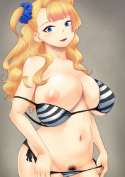 Rule 34 | 10s, 1girl, bikini, bikini pull, blonde hair, blue eyes, breasts, clothes pull, earrings, female pubic hair, galko, hair ornament, hair scrunchie, highres, huge breasts, jewelry, large areolae, long hair, looking at viewer, navel, nipples, one breast out, open mouth, oshiete! galko-chan, pubic hair, sagging breasts, scrunchie, skindentation, smile, solo, standing, strap slip, striped bikini, striped clothes, swimsuit, tomatto (@ma!), underboob