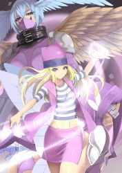 Rule 34 | 3girls, aoi (concerto), ass, blonde hair, breasts, butterfly wings, closed mouth, covered eyes, digimon, digimon (creature), digimon frontier, facial mark, fairimon, gloves, green eyes, hat, head-mounted display, highres, insect wings, long hair, looking at viewer, midriff, multiple girls, multiple persona, navel, orimoto izumi, purple hair, shirt, shutumon, skirt, smile, striped clothes, striped shirt, wings