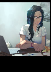 1girl, absurdres, black-framed eyewear, black hair, book, bracelet, breasts, chips, collared shirt, computer, dress shirt, dyedflowers, flash drive, food, green eyes, highres, indoors, jewelry, laptop, large breasts, long hair, notebook, original, parted lips, pen, potato chips, shirt, short sleeves, watch, white shirt