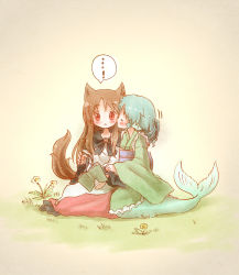 Rule 34 | !, 2girls, :&lt;, animal ears, arinu, blue hair, book, brooch, brown hair, closed eyes, commentary request, fins, head fins, imaizumi kagerou, japanese clothes, jewelry, kimono, kiss, kissing cheek, long sleeves, mermaid, monster girl, multiple girls, obi, open book, red eyes, sash, shirt, sitting, skirt, spoken exclamation mark, tail, touhou, wakasagihime, wide sleeves, wolf ears, wolf tail, yuri