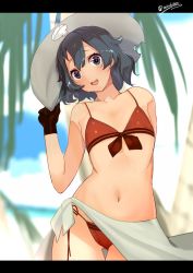 Rule 34 | 10s, 1girl, :d, adapted costume, bare arms, bare shoulders, beach, bikini, bikini day, black eyes, black gloves, black hair, blurry, blush, bucket hat, cowboy shot, day, depth of field, flat chest, front-tie top, gloves, gluteal fold, hair between eyes, hat, hat feather, kaban (kemono friends), kemono friends, letterboxed, looking at viewer, navel, ocean, open mouth, palm tree, red bikini, sakuhiko, sarong, short hair, smile, solo, stomach, sweat, swimsuit, thighs, torn clothes, torn hat, tree, twitter username, wavy hair, white hat