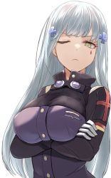 Rule 34 | 1girl, breasts, closed mouth, cross, crossed arms, facial mark, frown, girls&#039; frontline, gloves, goggles, goggles around neck, green eyes, highres, hk416 (girls&#039; frontline), iron cross, jacket, large breasts, long hair, looking at viewer, one eye closed, silver hair, simple background, solo, upper body, white background, yu 416416