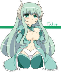 Rule 34 | 1girl, artist request, blush, breasts, character name, cleavage, demon girl, detached sleeves, dress, falce, frilled dress, frills, green eyes, green hair, hair between eyes, large breasts, long hair, looking at viewer, magician&#039;s academy, open mouth, panties, shoulder pads, sidelocks, thighhighs, underwear, very long hair, white panties