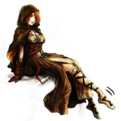 1girl breasts brown_eyes brown_hair cloak commentary_request dark_souls_(series) dark_souls_ii dress emerald_herald expressionless full_body gloves hair_over_one_eye hood hooded_cloak medium_breasts simple_background sitting solo ueda_metawo white_background