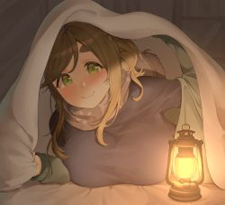 Rule 34 | 1girl, bad id, bad pixiv id, blush, breasts, eyebrows, eyes visible through hair, fang, green eyes, half-closed eyes, highres, huge breasts, indoors, inuyama aoi, lamp, light brown hair, long sleeves, looking at viewer, lying, mogu (kanikama mgmg), on bed, on stomach, ponytail, pov across bed, scarf, smile, solo, sweater, swept bangs, thick eyebrows, under covers, yurucamp