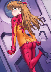 Rule 34 | 1girl, artist name, ass, blue eyes, blush, brown hair, dutch angle, embarrassed, evangelion: 2.0 you can (not) advance, from behind, from below, highres, interface headset, long hair, looking at viewer, neon genesis evangelion, plugsuit, rebuild of evangelion, shinsaku (stan-art), solo, souryuu asuka langley, standing, standing on one leg, test plugsuit, tight clothes, two side up