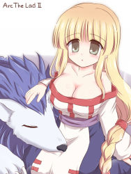 Rule 34 | 1girl, arc the lad, arc the lad ii, bare shoulders, blonde hair, breasts, brown eyes, cleavage, dress, huge breasts, lieza (arc the lad), long hair, paundit, ry (yagoyago), sleeping, white background, wolf