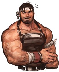 Rule 34 | 1boy, arm hair, bara, bare arms, bare shoulders, beard, blacksmith, chest hair, closed mouth, cropped torso, cross scar, dopey (dopq), facial hair, hairy, headband, large pectorals, male focus, mature male, muscular, muscular male, mustache, original, overalls, pectoral cleavage, pectorals, scar, scar on arm, short hair, sidepec, smile, solo, thick eyebrows