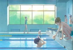 Rule 34 | 10s, 2girls, 4boys, absurdres, aged down, barefoot, blue jammers, blue male swimwear, blue one-piece swimsuit, competition swimsuit, feet, free!, high speed!, highres, indoors, looking at another, male focus, male swimwear, multiple boys, multiple girls, nanase haruka (free!), one-piece swimsuit, partially submerged, pool, starting block, swimsuit, tachibana makoto, tagme, zukki (suzukio)