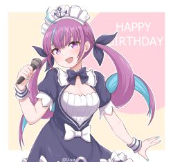 Rule 34 | 1girl, absurdres, ahoge, aqua nails, blue hair, blush, braid, breasts, cleavage, colored inner hair, commentary, disco brando, english commentary, english text, french braid, hair ribbon, happy birthday, head tilt, highres, holding, holding microphone, hololive, long hair, looking at viewer, maid headdress, medium breasts, microphone, minato aqua, minato aqua (1st costume), multicolored hair, nail polish, neck ribbon, open mouth, purple eyes, purple hair, ribbon, short sleeves, sidelocks, smile, solo, standing, streaked hair, twintails, twitter username, virtual youtuber, wrist cuffs