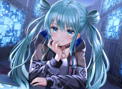 Rule 34 | 1girl, aqua hair, black jacket, blue eyes, blurry, blurry background, closed mouth, collarbone, commentary request, depth of field, hair between eyes, hair rings, hand up, hatsune miku, hood, hood down, hooded jacket, indoors, jacket, long hair, long sleeves, looking at viewer, nail polish, open clothes, open jacket, project sekai, shirt, sleeves past wrists, smile, solo, twintails, very long hair, vocaloid, white shirt, yuuka nonoko