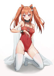 Rule 34 | absurdres, angelina (arknights), angelina (summer flower) (arknights), animal ears, arknights, black collar, blunt bangs, blush, breasts, cameltoe, casual one-piece swimsuit, cleft of venus, clenched hand, closed mouth, collar, collarbone, covered navel, earpiece, embarrassed, fox ears, fox girl, full body, gluteal fold, hair ribbon, highres, infection monitor (arknights), jewelry, kneeling, long hair, looking at viewer, medium breasts, necklace, official alternate costume, one-piece swimsuit, orange hair, red one-piece swimsuit, red ribbon, ribbon, sarong, simple background, skindentation, spaghetti strap, suye, swimsuit, swimsuit cover-up, thighhighs, twintails, wavy mouth, white background, white sarong, white thighhighs
