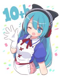 Rule 34 | 1girl, ;d, anniversary, apron, ayasaki yuu (band brothers), black bow, blue eyes, blue hair, blue shirt, blush, bow, collared shirt, confetti, daigasso! band brothers, frilled apron, frills, gloves, hair between eyes, hair bow, headphones, heart, highres, long hair, looking at viewer, naga u, one eye closed, open mouth, pink skirt, puffy short sleeves, puffy sleeves, shirt, short sleeves, simple background, skirt, smile, solo, very long hair, white apron, white background, white gloves