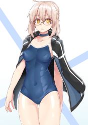 Rule 34 | 1girl, :o, absurdres, ahoge, arms at sides, artoria pendragon (fate), black-framed eyewear, black jacket, blonde hair, blue choker, blue one-piece swimsuit, blush, braid, breasts, choker, collarbone, commentary request, competition school swimsuit, covered erect nipples, cowboy shot, fate/grand order, fate (series), female focus, french braid, glasses, gluteal fold, hair between eyes, highres, jacket, jacket on shoulders, long sleeves, looking at viewer, medium breasts, mysterious heroine x alter (fate), mysterious heroine x alter (second ascension) (fate), one-piece swimsuit, open clothes, open jacket, open mouth, perky breasts, school swimsuit, semi-rimless eyewear, shunichi, sidelocks, skin tight, solo, standing, swimsuit, thighs, under-rim eyewear, yellow eyes