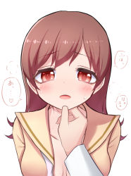 Rule 34 | 10s, 1girl, blush, breasts, brown hair, cleavage, drooling, grabbing another&#039;s chin, hand on another&#039;s chin, heart, heavy breathing, highres, kantai collection, long hair, looking at viewer, neit ni sei, ooi (kancolle), open clothes, open shirt, red eyes, remodel (kantai collection), saliva, shirt, simple background, solo focus, sweatdrop