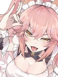 Rule 34 | 10s, 1girl, animal ears, blush, breasts, cleavage, detached sleeves, fangs, fate/extra, fate (series), fox ears, fox shadow puppet, frills, hair between eyes, headdress, highres, jingo, large breasts, long hair, looking at viewer, official alternate costume, open mouth, pink hair, raised eyebrow, saliva, sidelocks, simple background, solo, suspenders, tamamo (fate), tamamo no mae (fate/extra), tamamo no mae (tailmaid strike) (fate), tongue, tongue out, twintails, white background, yellow eyes
