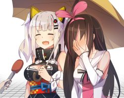 Rule 34 | 2girls, :d, bare shoulders, blush, bow, breasts, cleavage, cleavage cutout, closed eyes, clothing cutout, detached sleeves, embarrassed, fang, full-face blush, hair bow, hair ornament, hairband, hairclip, highres, holding, holding umbrella, kaguya luna, kizuna ai, kizuna ai inc., large breasts, light purple hair, long hair, long sleeves, meme, microphone, multiple girls, obi, open mouth, pink bow, sailor collar, sash, school uniform, serafuku, simple background, sleeves past wrists, smile, special feeling (meme), the moon studio, tilt-shift (azalanz), twintails, umbrella, virtual youtuber, white background, white sailor collar