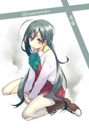 Rule 34 | 10s, 1girl, boots, bow, bowtie, character name, cross-laced footwear, grey eyes, grey hair, kantai collection, kiyoshimo (kancolle), lio (rumei2265874644), pantyhose, school uniform, sitting, solo, tears, torn clothes, torn pantyhose, twitter username, wariza