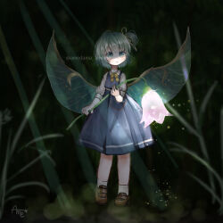 Rule 34 | 1girl, amedama ameme, bare legs, black background, blue dress, blunt bangs, bow, bowtie, brown footwear, daiyousei, dark, dress, fairy, fairy wings, flower, full body, glowing, glowing flower, green eyes, green hair, highres, holding, holding flower, lily of the valley, loafers, mini person, minigirl, one side up, parted lips, shirt, shoes, short hair, short sleeves, socks, solo, standing, touhou, twitter username, watermark, white shirt, white socks, wings, yellow bow, yellow bowtie
