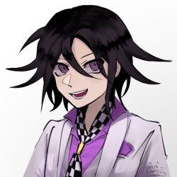 Rule 34 | 1boy, :d, artist logo, artist name, black hair, checkered clothes, checkered necktie, checkered neckwear, checkered scarf, collared shirt, commentary, danganronpa (series), danganronpa 10th anniversary costume, danganronpa v3: killing harmony, hair between eyes, highres, jacket, looking at viewer, male focus, necktie, official alternate costume, open mouth, oma kokichi, pastahands, pink shirt, purple eyes, scarf, shirt, simple background, smile, solo, spiked hair, teeth, upper body, white jacket