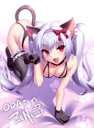 Rule 34 | 1girl, :3, :d, all fours, alternate costume, animal ear fluff, animal ears, ass, back, bare shoulders, bed sheet, black bra, black choker, black footwear, black gloves, black thighhighs, blue hair, blush, bow, bra, braid, breasts, cat ears, cat girl, choker, cleavage, commentary request, commission, crown braid, eyelashes, eyes visible through hair, fang, frilled bra, frilled choker, frilled thighhighs, frills, from above, full body, gloves, hair between eyes, hair bow, hair spread out, hand up, head tilt, karumaruka circle, light blue hair, long hair, looking at viewer, mary janes, medium breasts, natsume koyomi, open mouth, panties, paw pose, paw print, red bow, red eyes, shiny skin, shoes, signature, simple background, skeb commission, smile, solo, straight hair, thighhighs, twintails, underwear, very long hair, white background, white panties, zen (kamuro)