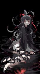 Rule 34 | 1girl, azami (kagerou project), black background, black dress, black hair, curly hair, dark, dress, highres, kagerou project, long hair, long sleeves, mo011010, parted lips, ponytail, red eyes, ribbon, shallow water, simple background, solo, water