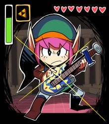 Rule 34 | 1boy, alternate hair color, blush stickers, fusion, gashi-gashi, guitar, hat, heart, hylian shield, instrument, link, male focus, master sword, nintendo, pink hair, plectrum, pointy ears, shield, solo, the legend of zelda, the legend of zelda: a link to the past, triforce, user interface
