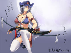 Rule 34 | 1girl, adapted costume, bikini, bikini top only, bow (weapon), braid, breasts, cleavage, cowboy hat, female focus, hat, kneeling, large breasts, legs, long hair, long legs, moon, on one knee, oneechanbara, parted lips, sarong, scabbard, sheath, sheathed, silver hair, single braid, solo, squatting, stampede string, swimsuit, sword, thighhighs, thighs, tobisawa, touhou, underboob, weapon, white thighhighs, yagokoro eirin