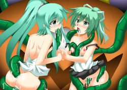 Rule 34 | 2girls, aketake, anal, ass, bare shoulders, black skirt, blush, breasts, breasts out, collarbone, crying, crying with eyes open, double penetration, duel monster, eyes visible through hair, green eyes, green hair, hair ornament, hair ribbon, hairband, interlocked fingers, jewelry, multiple girls, multiple penetration, nipples, open mouth, ponytail, pumpking the king of ghosts, pussy juice, rape, restrained, ribbon, siblings, single eye, sisters, skirt, small breasts, tears, tentacles, vaginal, winda (yu-gi-oh!), winda priestess of gusto, wynn (yu-gi-oh!), wynn the wind charmer, wynnda miko of the gusta, yu-gi-oh!