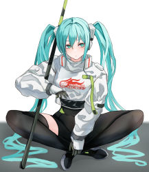 Rule 34 | 1girl, aqua eyes, aqua hair, black bodysuit, black footwear, black gloves, bodysuit, closed mouth, commentary, facing viewer, gloves, hatsune miku, highres, indian style, jacket, long hair, racing miku, racing miku (2022), shoes, single thighhigh, sitting, solo, thighhighs, twintails, very long hair, vocaloid, white background, white jacket, zundakun0123