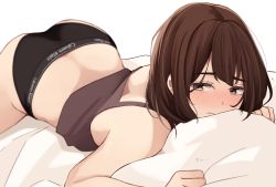 Rule 34 | 1girl, ass, back, bed sheet, black panties, blush, bob cut, brown camisole, brown eyes, brown hair, calvin klein, camisole, closed mouth, commentary request, highres, kapatarou, lying, on stomach, original, panties, sheet grab, simple background, solo, thighs, underwear, underwear only, white background