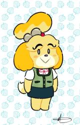 Rule 34 | 1girl, animal crossing, barefoot, beads, blue skirt, blush stickers, bow, bowtie, buttons, closed mouth, commentary, dog tail, english commentary, full body, furry, furry female, green vest, hair beads, hair ornament, highres, isabelle (animal crossing), jradical2014, leaf, leaf background, miniskirt, nintendo, plaid, plaid vest, pocket, ponytail holder, red bow, red bowtie, shirt, short ponytail, short sleeves, signature, skirt, smile, solid oval eyes, tail, thick eyebrows, vest, white background, white shirt