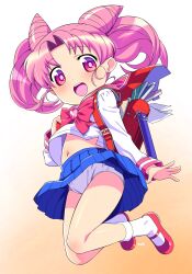 1girl backpack bag bishoujo_senshi_sailor_moon blue_skirt bow chibi_usa cone_hair_bun double_bun earrings flat_chest full_body gradient_background hair_bun heart highres himehachi_(hime8manga) jewelry long_sleeves mary_janes medium_hair miniskirt navel open_mouth panties pantyshot pink_hair pink_sailor_collar pleated_skirt randoseru red_bag red_bow red_eyes red_shoes sailor_collar school_uniform serafuku shirt shoes skirt socks solo teeth twintails underwear upper_teeth_only white_panties white_shirt white_socks