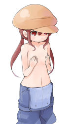 Rule 34 | 1girl, brown eyes, brown hair, cabbie hat, covering privates, covering breasts, flat chest, hat, low twintails, nakashino setsu, naked overalls, overalls, topless, twintails