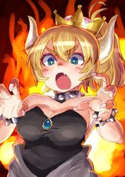 Rule 34 | 1girl, black leotard, blonde hair, blue eyes, bowsette, bracelet, breasts, bright pupils, claw pose, cleavage, collar, commentary request, crown, fang, fiery background, fingernails, fire, hair between eyes, hands up, highres, horns, jewelry, leotard, looking at viewer, mario (series), medium breasts, new super mario bros. u deluxe, nintendo, open mouth, ouhashi (yumenosukima), ponytail, solo, spiked bracelet, spiked collar, spikes, super crown, thick eyebrows, upper body, v-shaped eyebrows