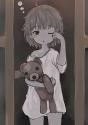 Rule 34 | 1girl, ;o, bare shoulders, brown eyes, brown hair, collarbone, commentary request, cowboy shot, hatoba tsugu, hatoba tsugu, looking at viewer, minikon, hugging object, off shoulder, one eye closed, parted lips, rubbing eyes, shirt, short sleeves, sleepy, solo, stuffed animal, stuffed toy, teddy bear, virtual youtuber, white shirt, wide sleeves